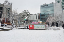 Hier sieht man verschiedene verschneite Gebäude in Seoul. 
